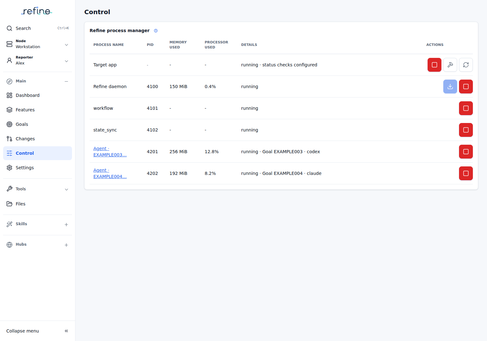 Control screen with icon actions for the target app and processes