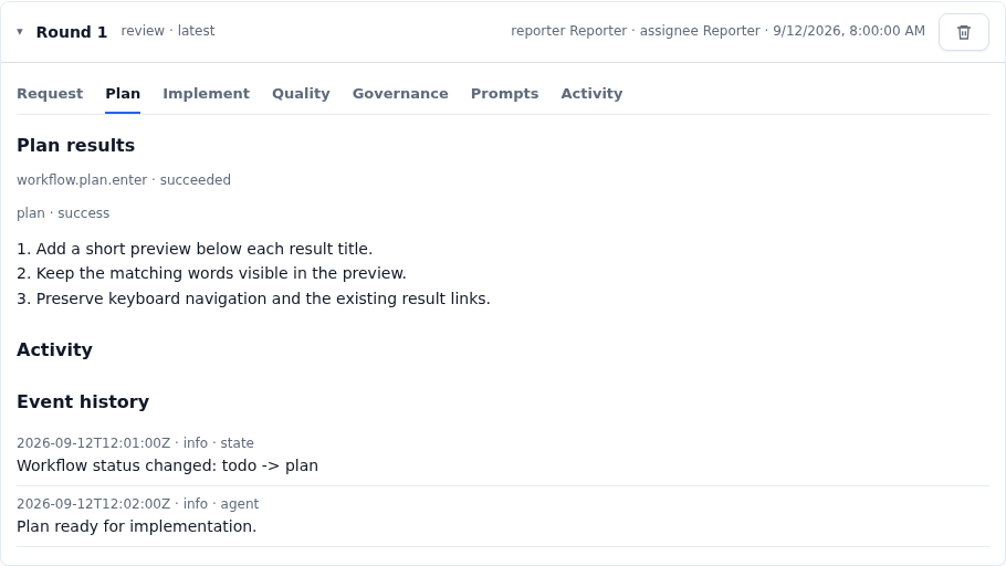 A Goal Round with its plan and workflow tabs