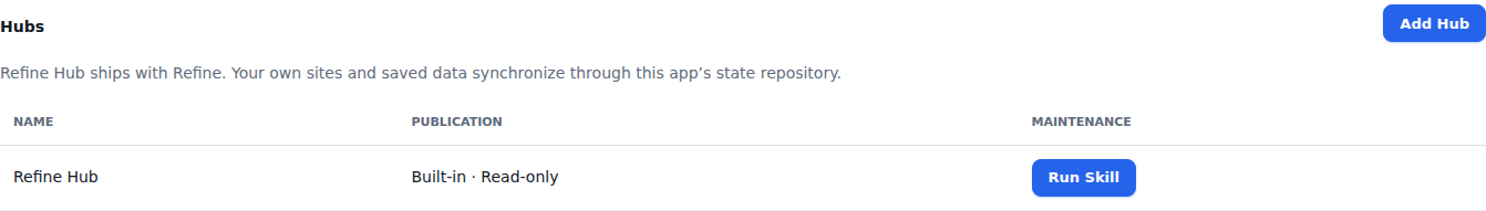 Refine Hub and its maintenance Skill in Settings → Hubs