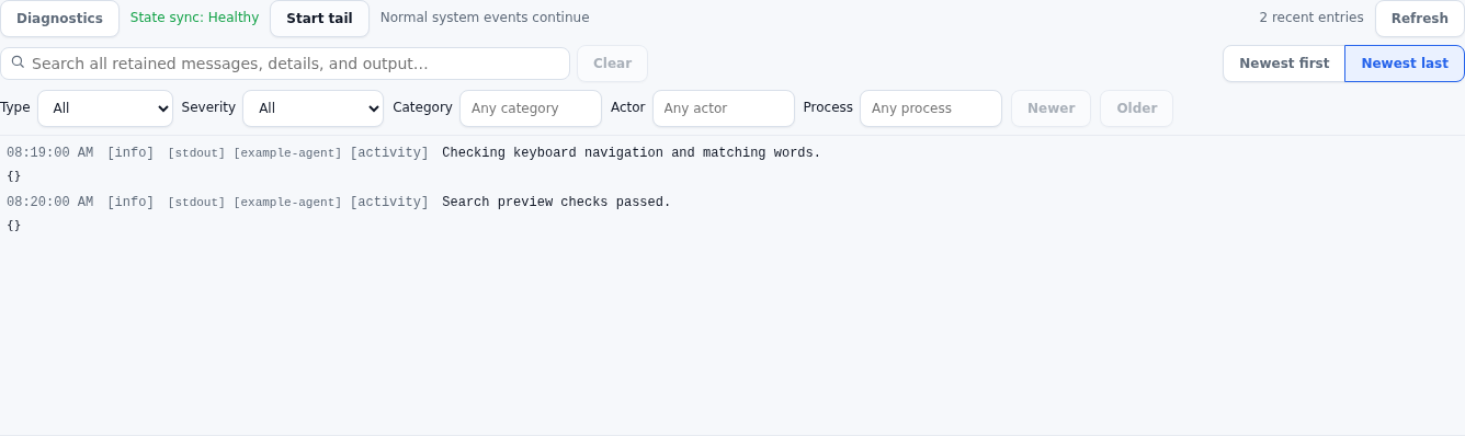 System log controls and retained output